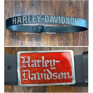 Harley-Davidson Black Leather Belt size 36 & red shimmer buckle 99548-04V